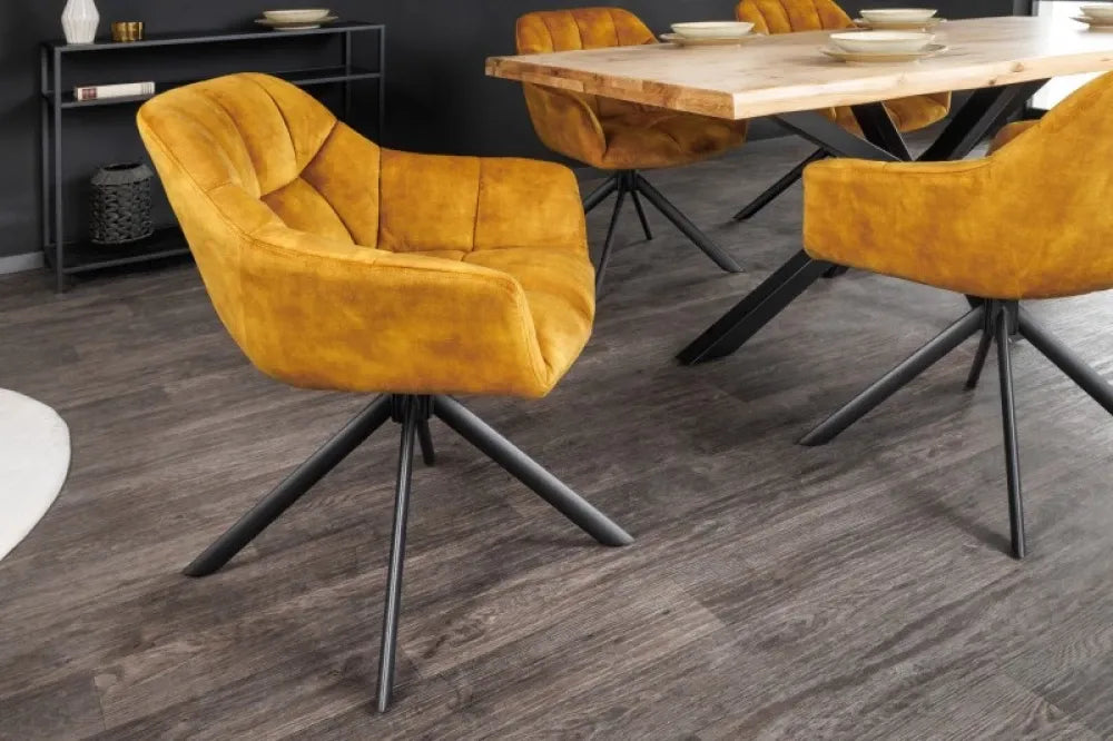 Scaun pivotant tapitat cu Catifea Galben cu picioare din Metal Negru H83xL65xA66cm Papillon