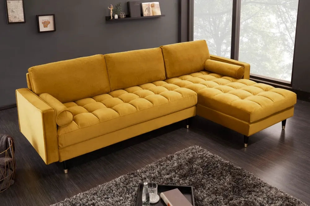 Coltar cu orientare reversibila tapitat cu Catifea Galben L260cm Cozy