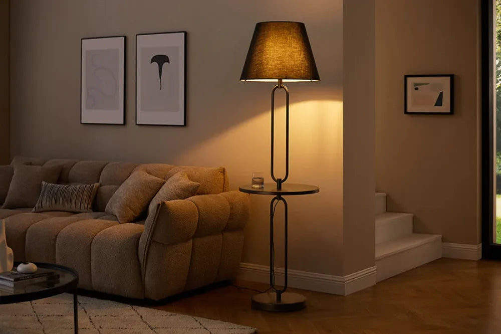 Lampa de podea cu masuta incorporata din Metal Negru si Textil Negru D50xH176cm SERVANT