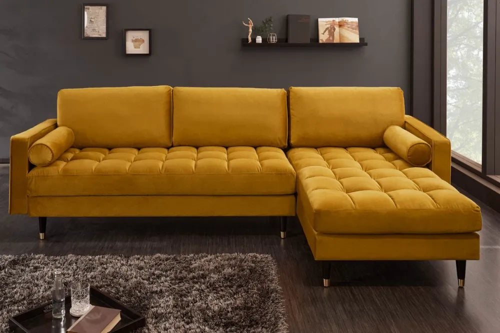 Coltar cu orientare reversibila tapitat cu Catifea Galben L260cm Cozy