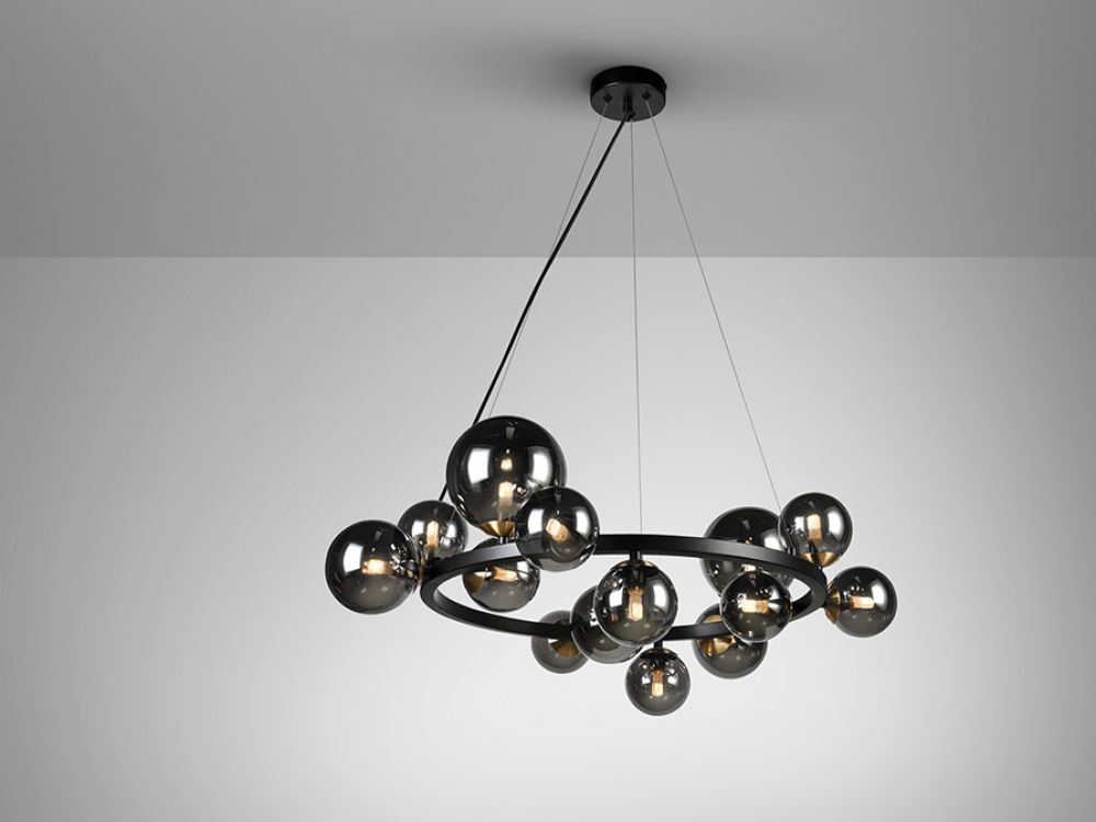 Lustra rotunda din Metal Negru, cu abajur din Sticla Negru, cu 14 becuri G9 Astros