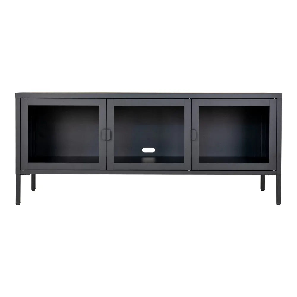 Comoda TV cu 3 usi din Sticla transparenta si Metal Negru L130xH55cm Brisbane