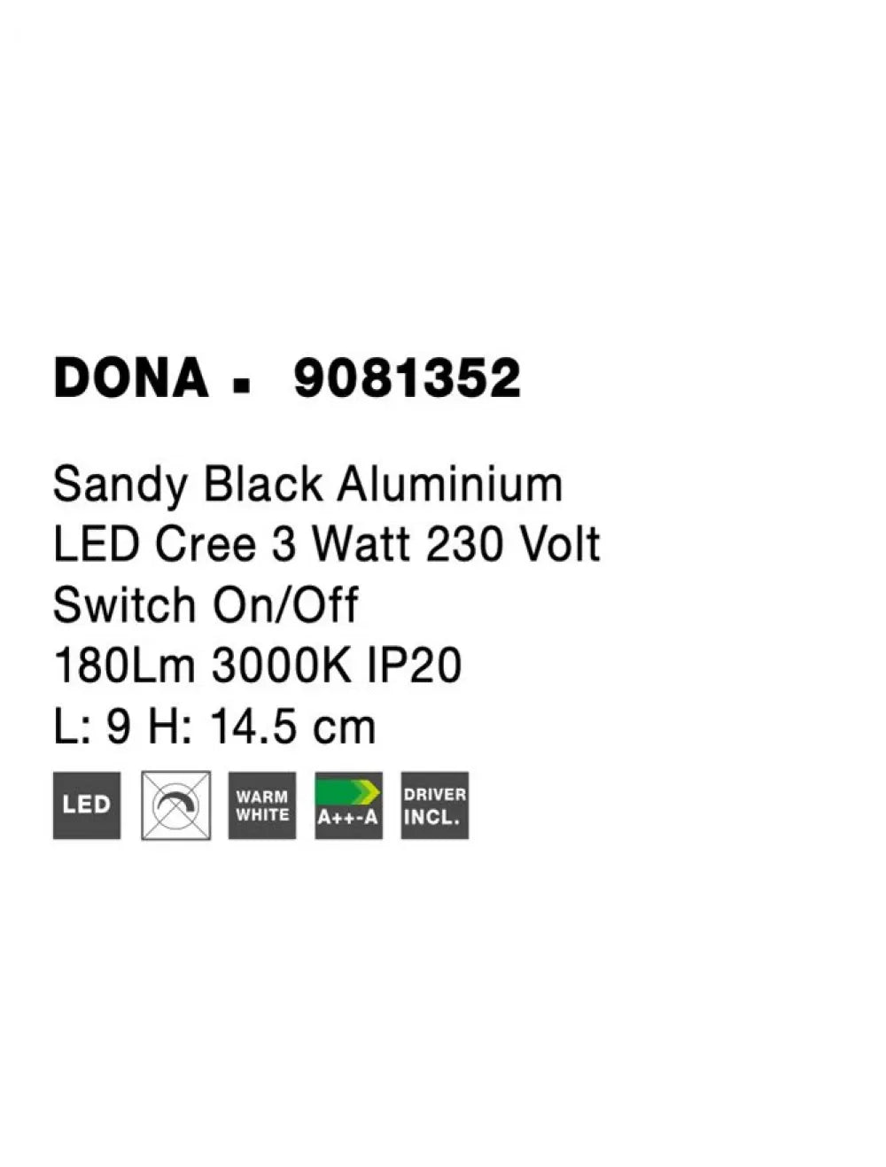Aplica de perete din Aluminiu Negru H14.5xL9cm IP20 3W 180lm 3000k DONA