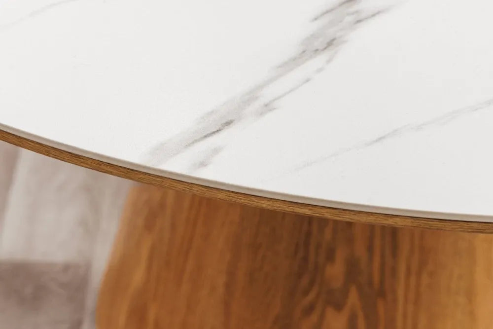 Masa din Ceramica Alb cu efect de marmura si Furnir de stejar Maro D120xH75cm Unique