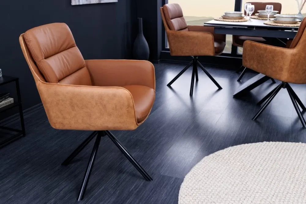 Scaun rotativ tapitat cu Piele naturala/Microfibra Maro cognac cu picioare din Metal Negru H89xL58xA67cm Big George