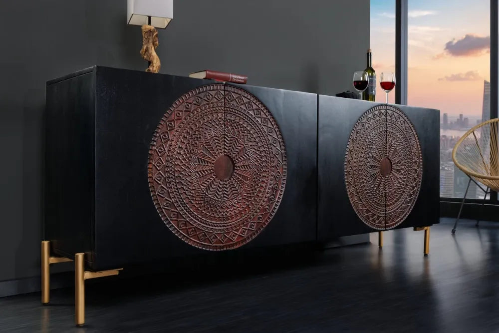 Comoda din Lemn de mango Negru/Maro si Metal Auriu L160xH76cm MANDALA