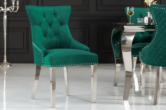 Scaun tapitat cu Catifea Verde cu picioare din Otel inoxidabil Argintiu H94xL53xA63cm Castle Deluxe