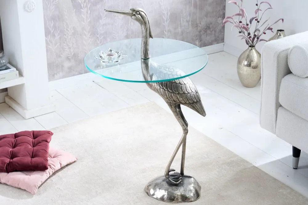 Masuta laterala din Sticla securizata Transparent si Metal Argintiu L50xH88cm Wildlife heron