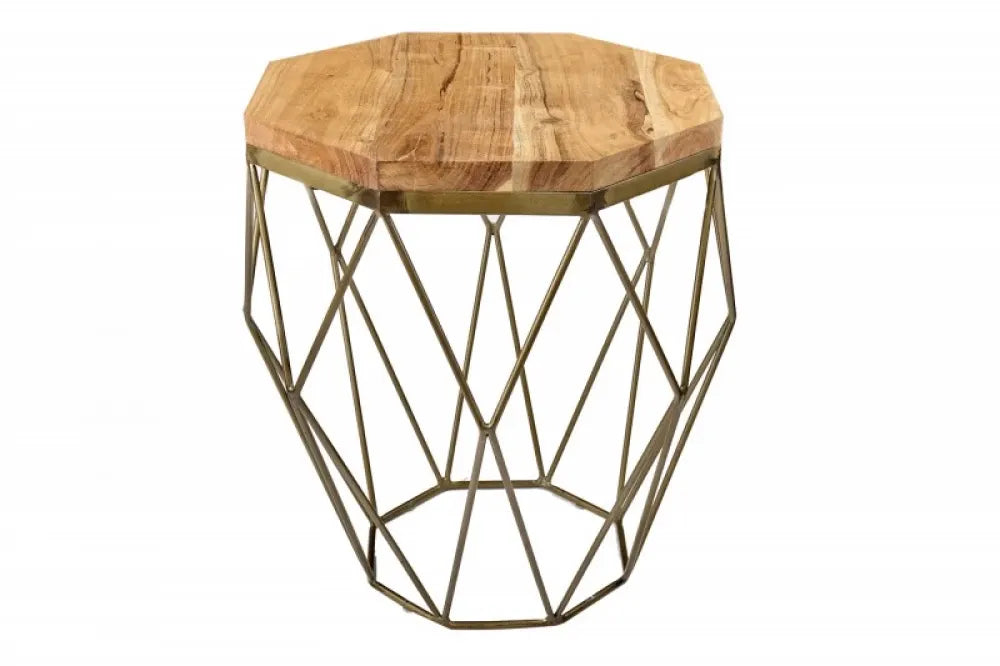 Masuta laterala Rotunda din Lemn masiv de salcam Maro si Metal Auriu L50xH50cm Diamond