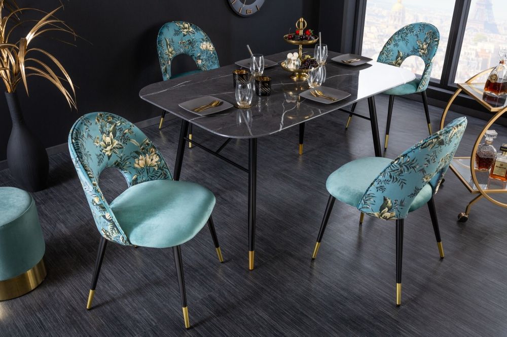 Set 2 scaune tapitat cu Catifea Turcoaz cu picioare din Metal Negru/Auriu H83xL53xA57cm Boutique
