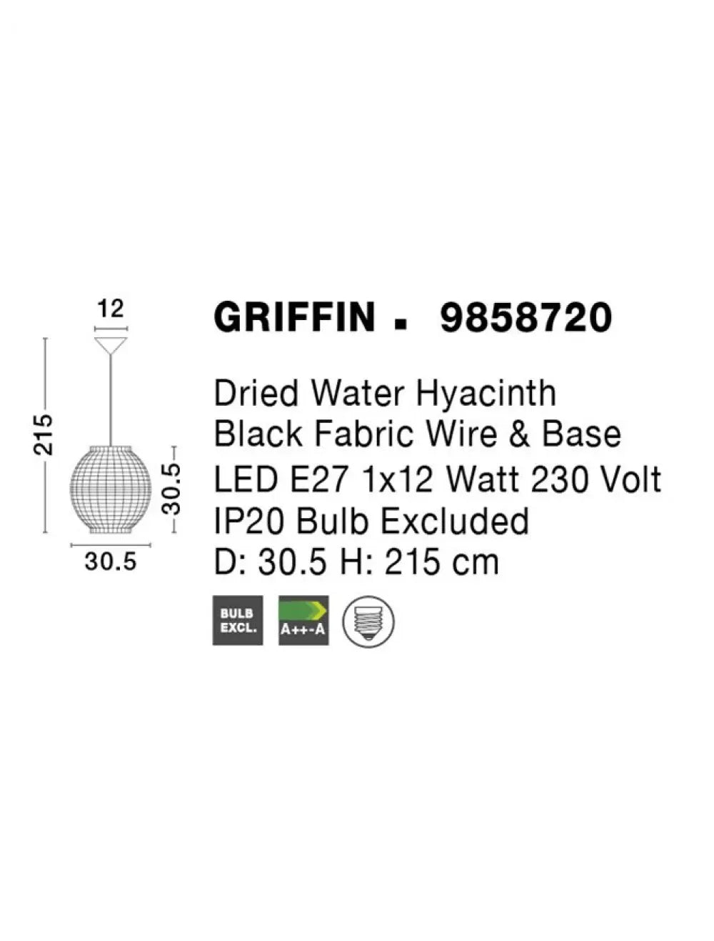 Pendul structura din Metal Negru si abajur din Ratan Bej H215xL30.5cm IP20 GRIFFIN