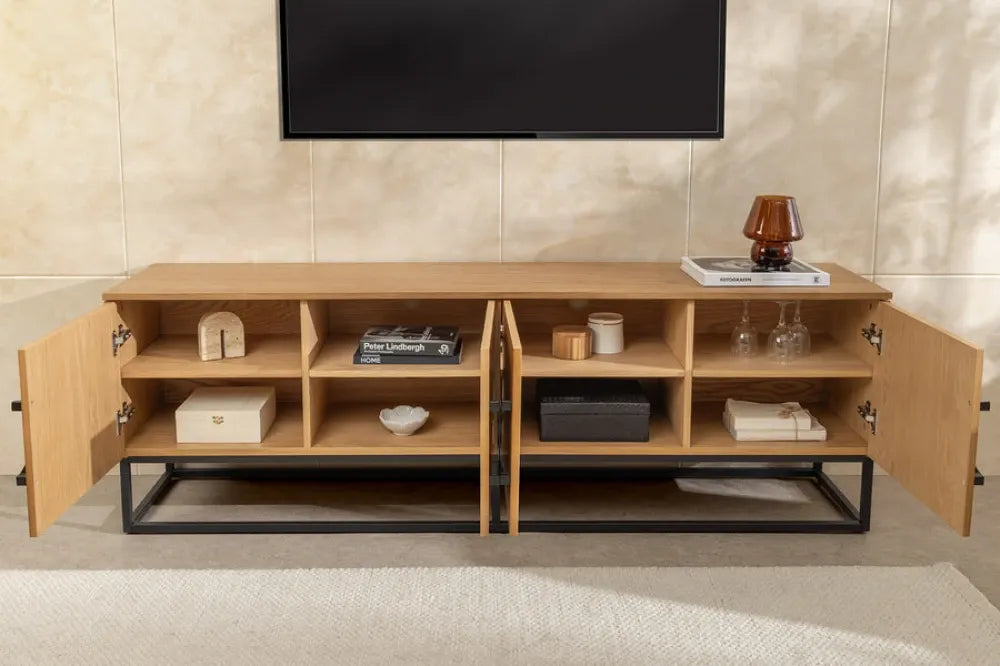 Comoda TV din MDF/Funir de stejar Maro si Metal Negru L180xH60cm GRANDEZZA