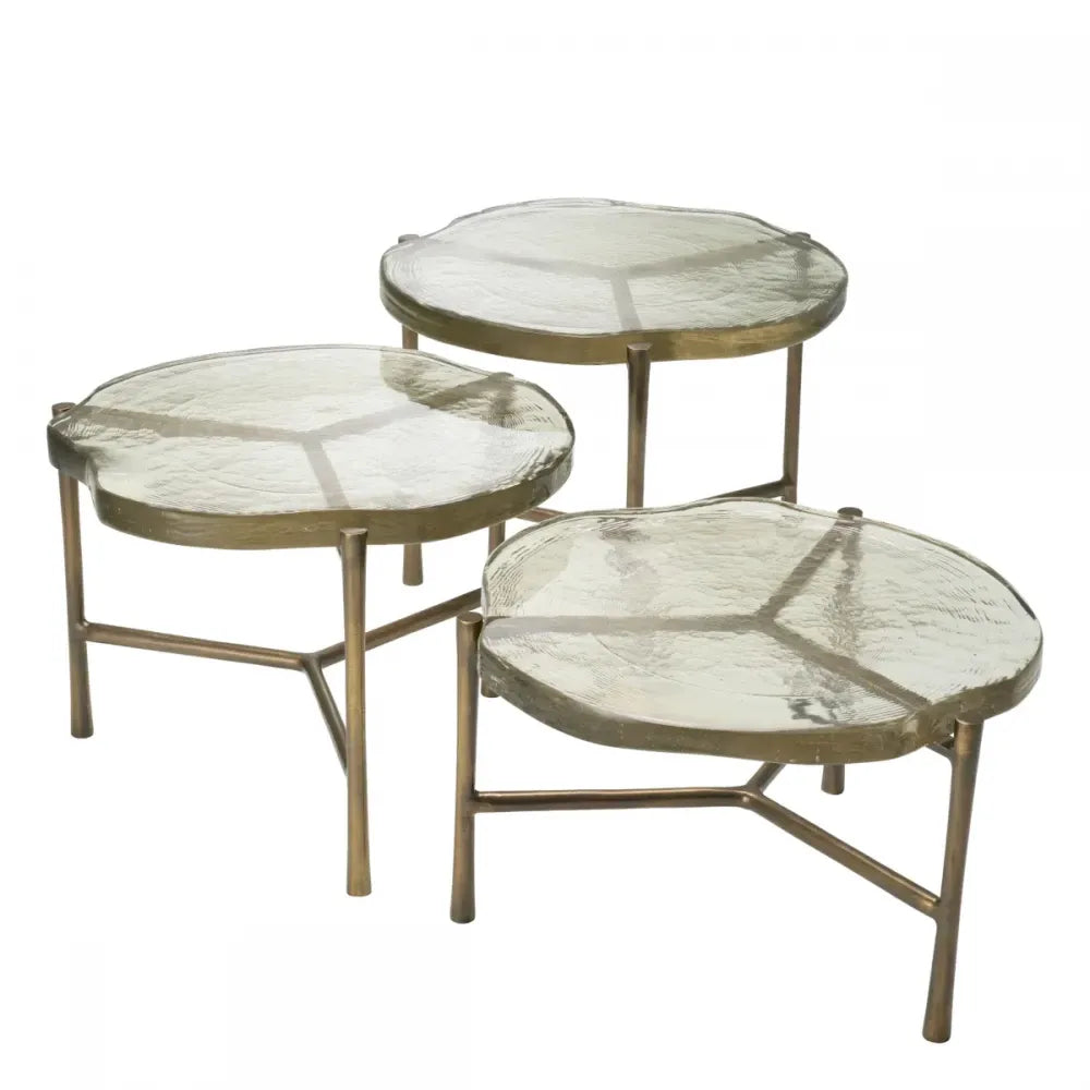 Set 3 masute de cafea Asimetrice din Aluminiu Alama si Sticla Transparent D62/64xH37/44/51.5cm Baldovini Eichholtz