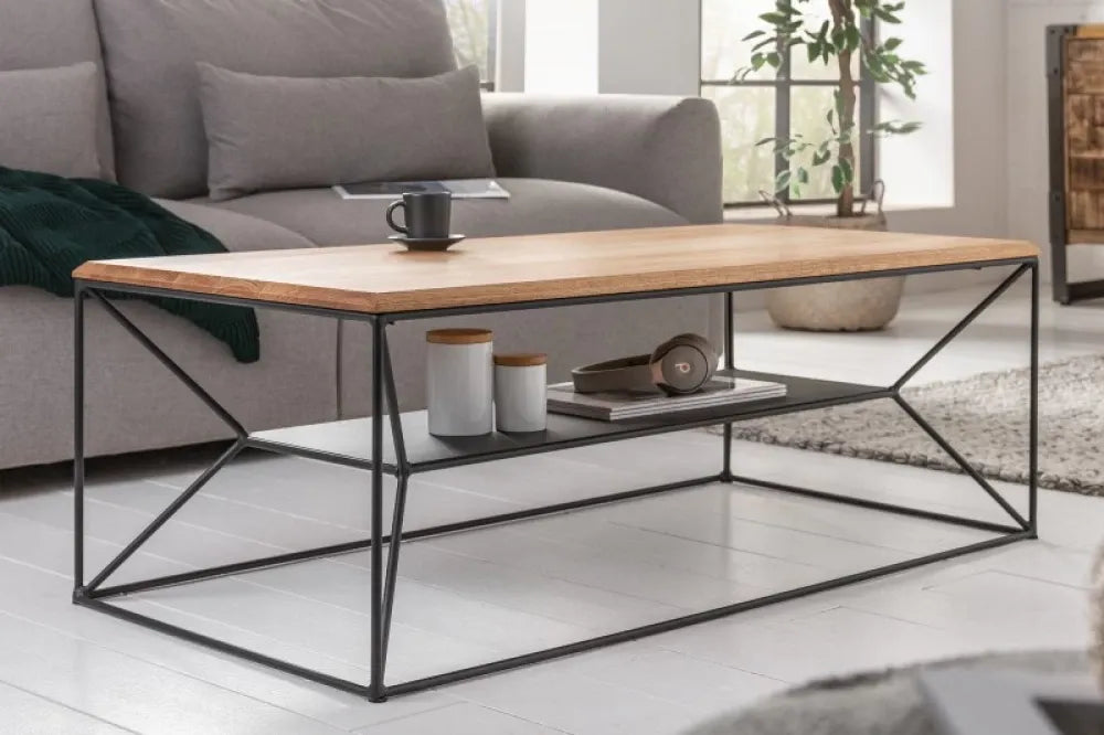 Masuta de cafea Dreptunghiulara din Lemn masiv de stejar Maro si Metal Negru L110xH40cm Architecture
