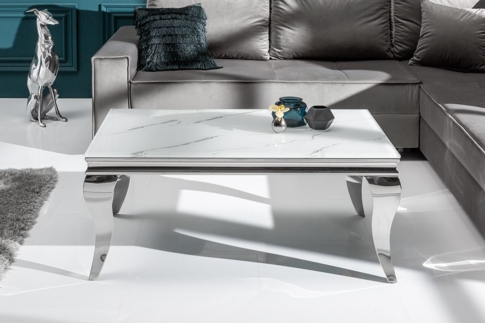 Masuta de cafea Dreptunghiulara din Sticla si Otel inoxidabil Alb/Argintiu L100xH45cm Barock Modern