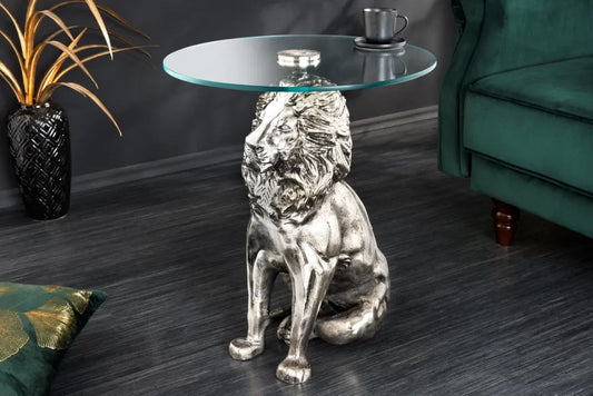 Masuta laterala din Sticla securizata Transparent si Metal Argintiu L45xH57cm Wildlife lion