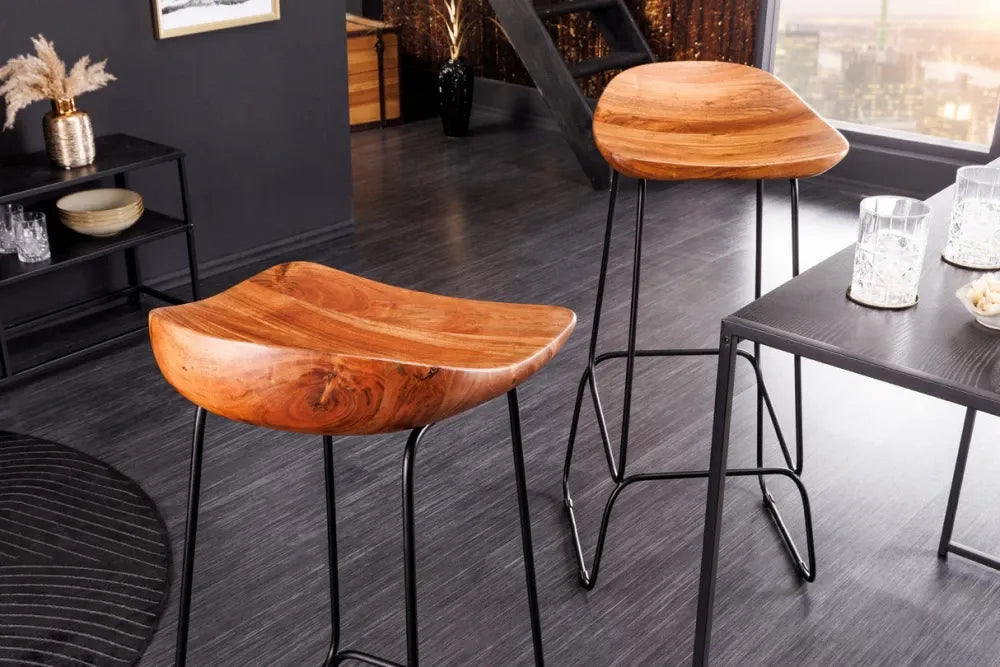 Set 2 scaune de bar din Metal Negru si Lemn de salcam Maro H84xL44cm Mammut