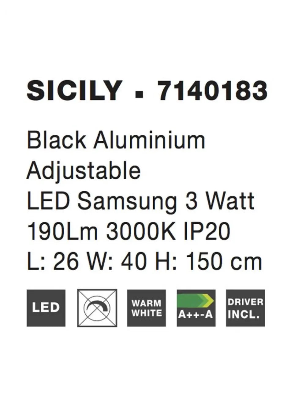 Lampa de podea din Aluminiu Negru H153xL26cm IP20 3W 190lm 3000k SICILY