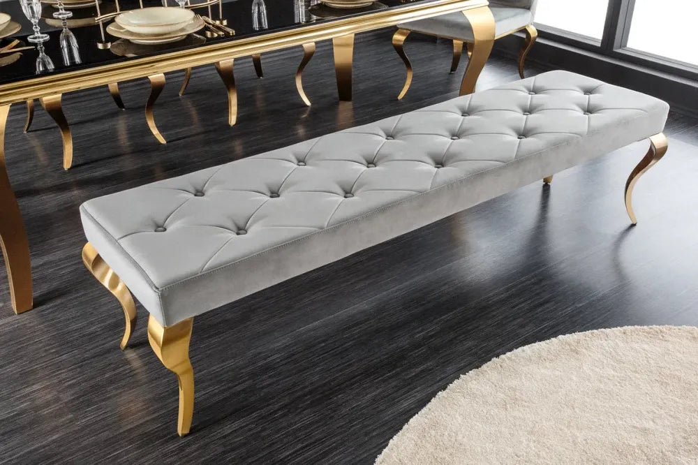 Bancheta din Otel inoxidabil Auriu si Catifea Gri H50xL172cm Modern Barock