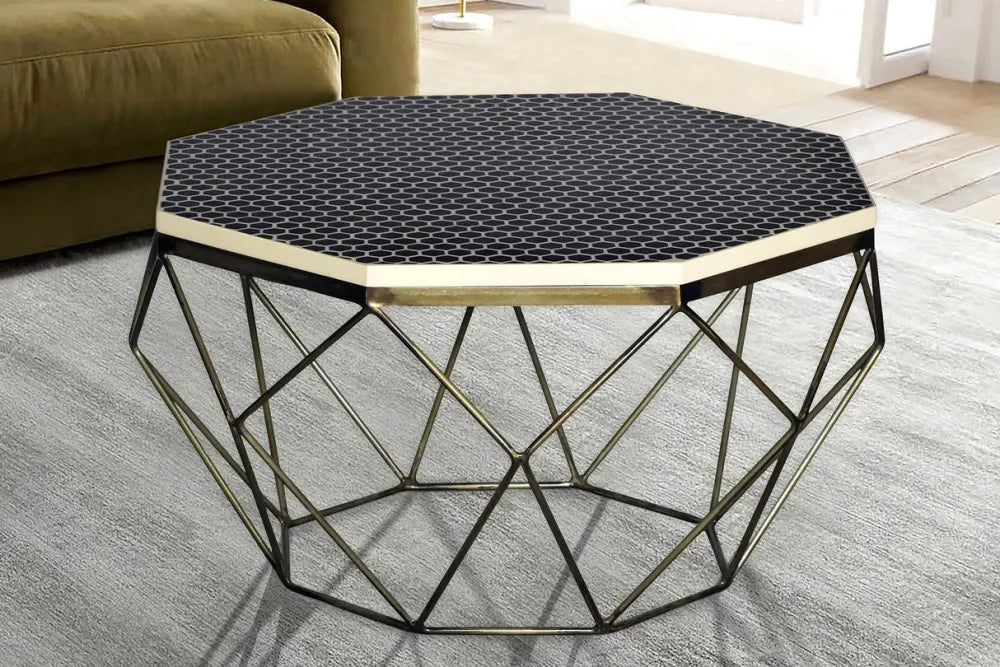 Masuta de cafea din Polirasina/Oase Negru/Alb si Metal Alama L69xH39cm Diamond bone inlay