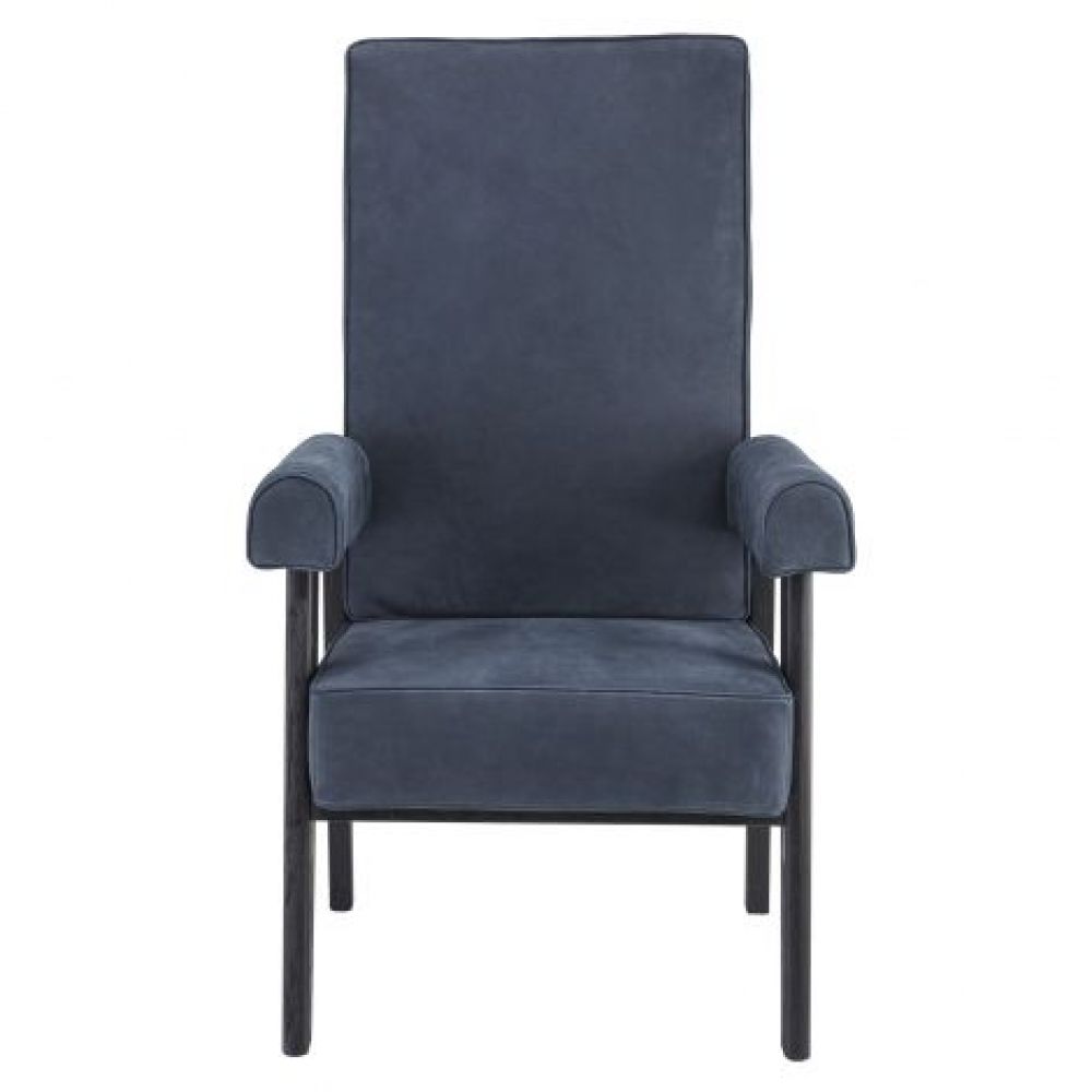 Fotoliu din Piele Albastru cu baza din Lemn masiv de stejar Negru H123xL70xA78cm Milo