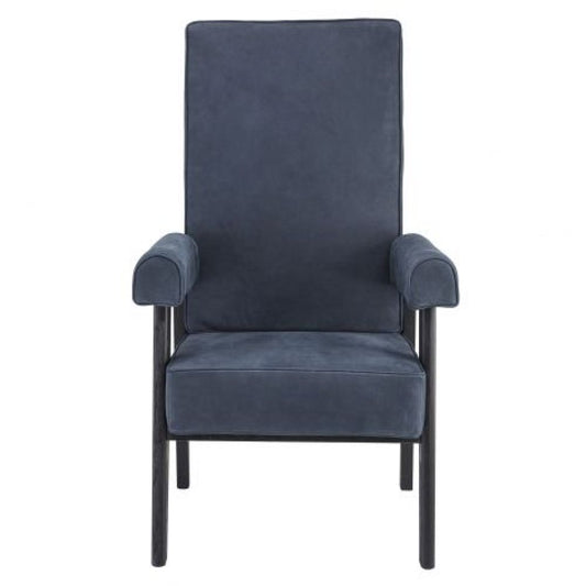 Fotoliu din Piele Albastru cu baza din Lemn masiv de stejar Negru H123xL70xA78cm Milo