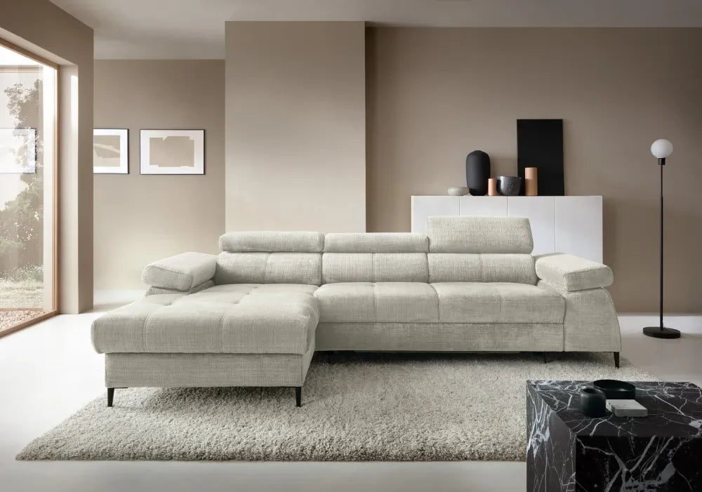 Coltar extensibil tapitat cu Chenille Bej cu lada depozitare Cordoba I