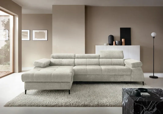 Coltar extensibil tapitat cu Chenille Bej cu lada depozitare Cordoba I