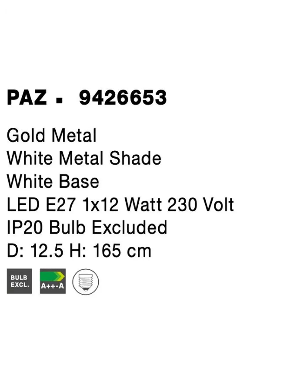 Lampa de podea din Metal Auriu H165xL12.5cm IP20 PAZ