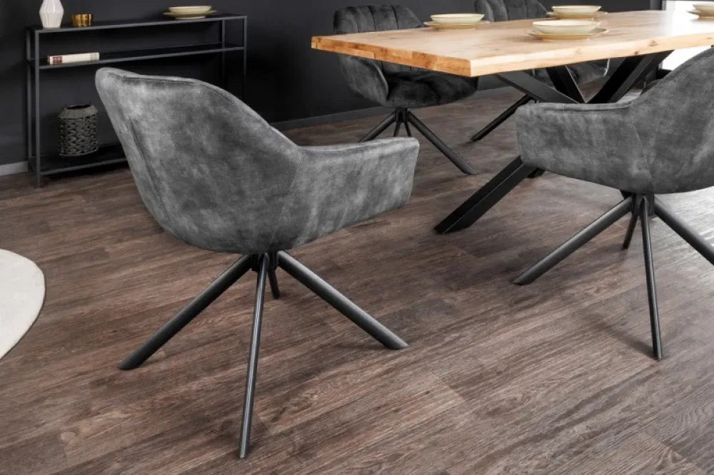 Scaun pivotant tapitat cu Catifea Gri deschis cu picioare din Metal Negru H83xL65xA66cm Papillon