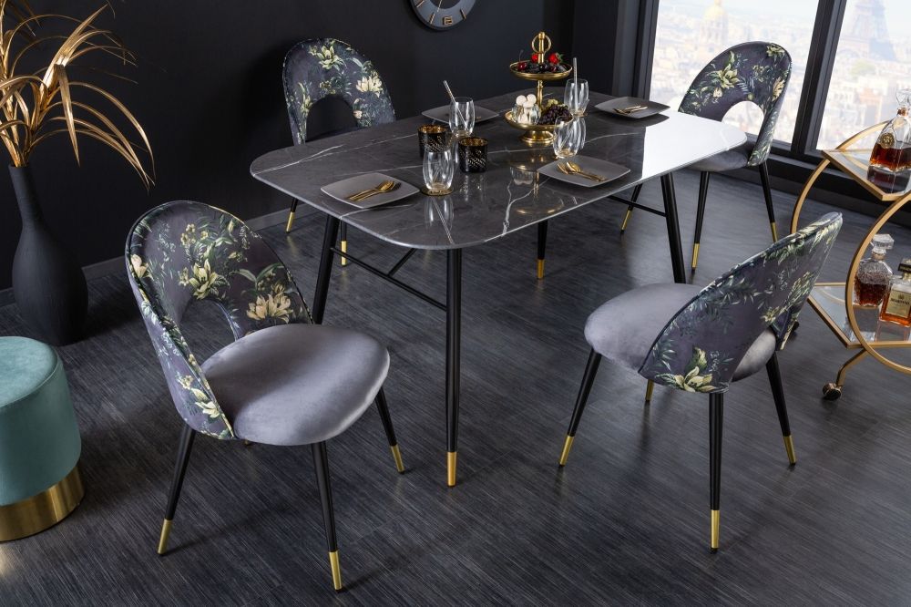 Set 2 scaune tapitat cu Catifea Gri cu picioare din Metal Negru/Auriu H83xL53xA57cm Boutique