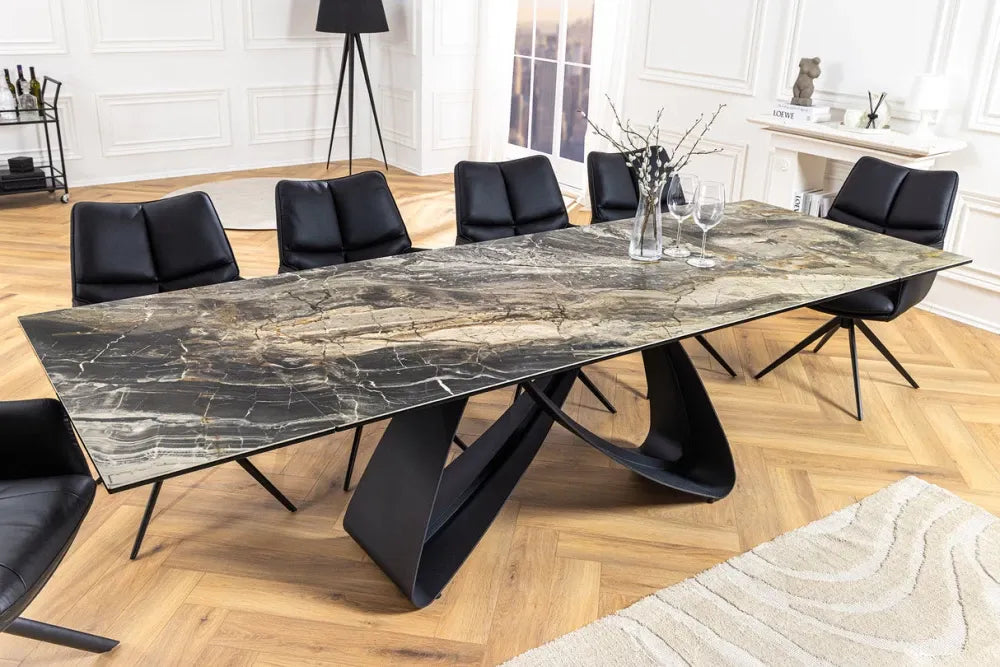 Masa din Sticla securizata/Ceramica Maro taupe si Metal Negru L180-220-260xH76cm Infinity