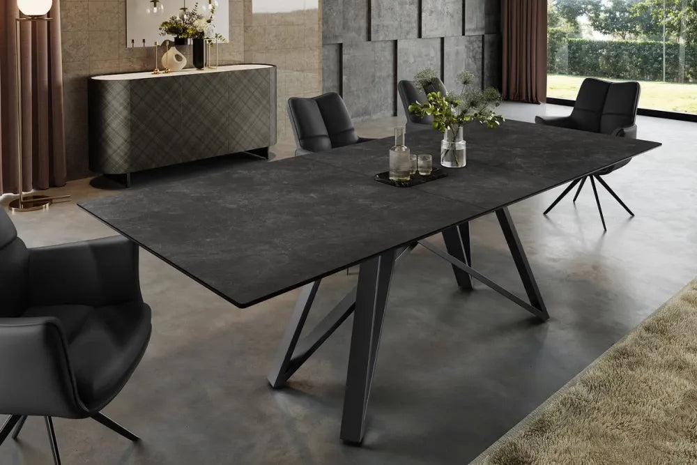 Masa din Sticla securizata/Ceramica Gri grafit si Metal Negru L160-200xH77cm Atlas