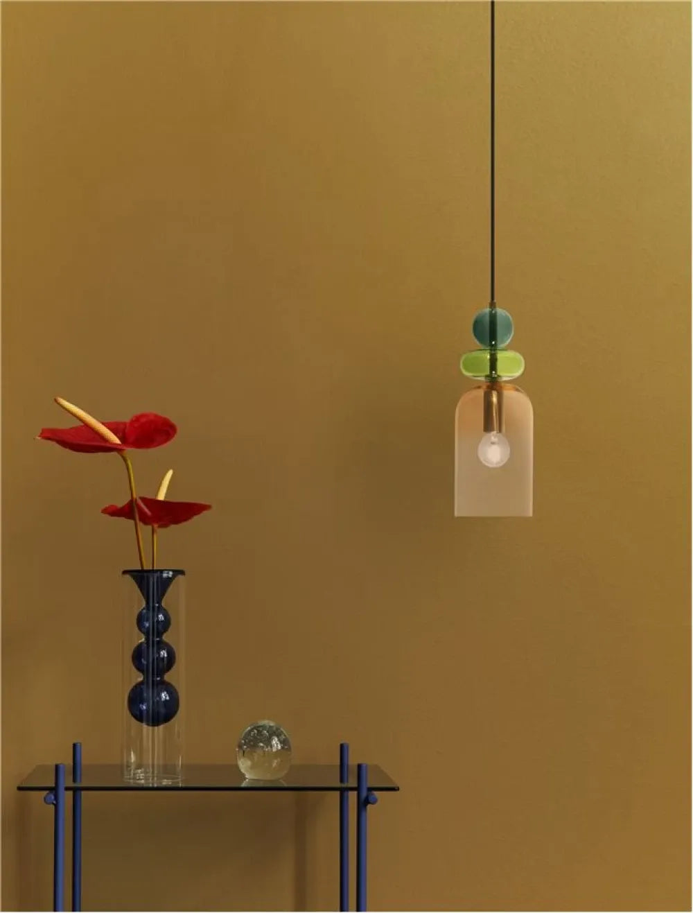 Pendul structura din Metal Negru/Auriu si abajur din Sticla Multicolor H184xL10.8cm IP20 MURANO