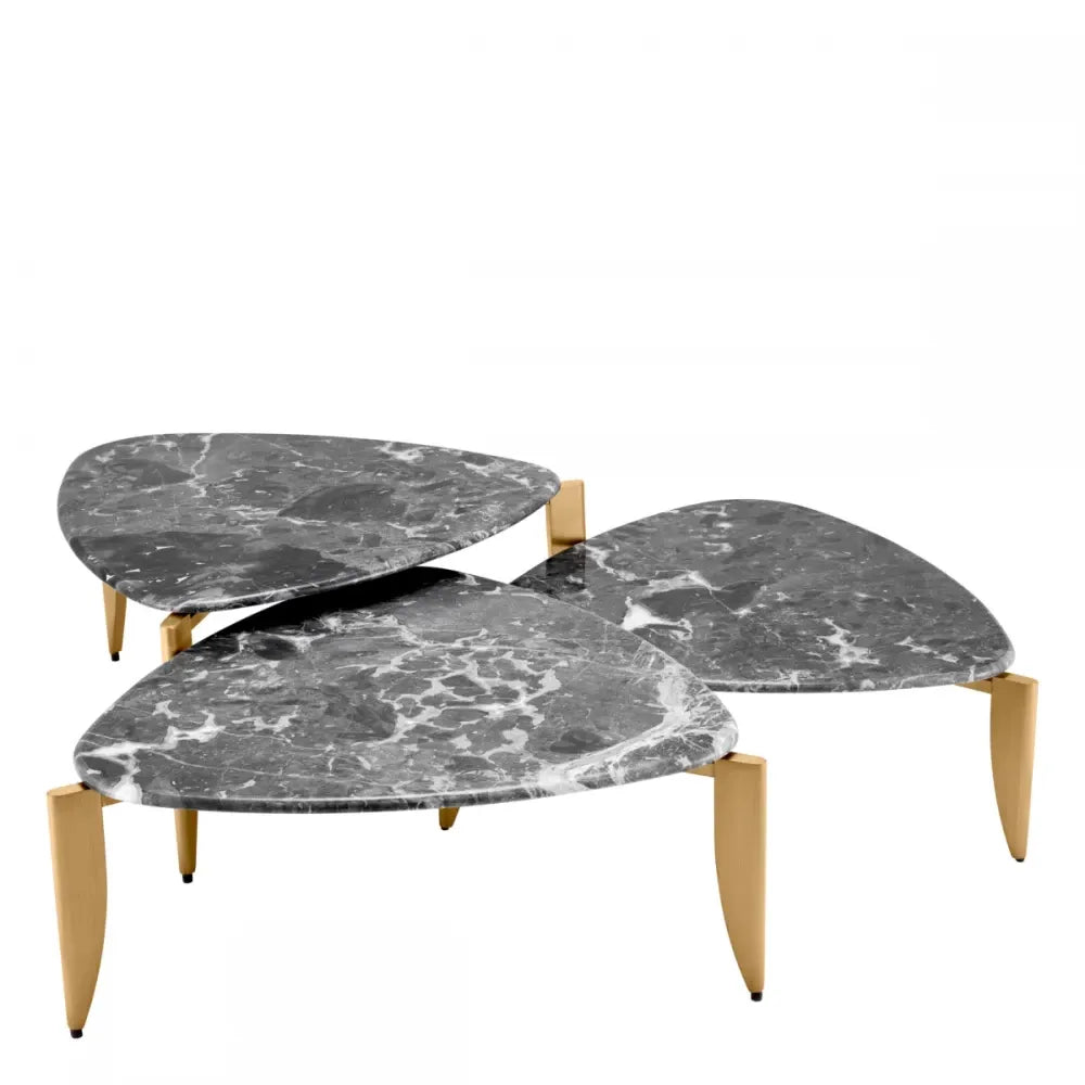 Set 3 masute de cafea Triunghiulare din Metal Alama si Marmura Gri L83.5xl87cm Regioni Eichholtz