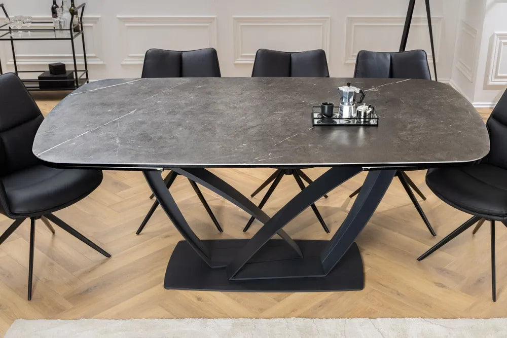 Masa din Sticla securizata/Ceramica Gri cu efect de marmura si Metal Negru L180-220-260xH76cm Papillon
