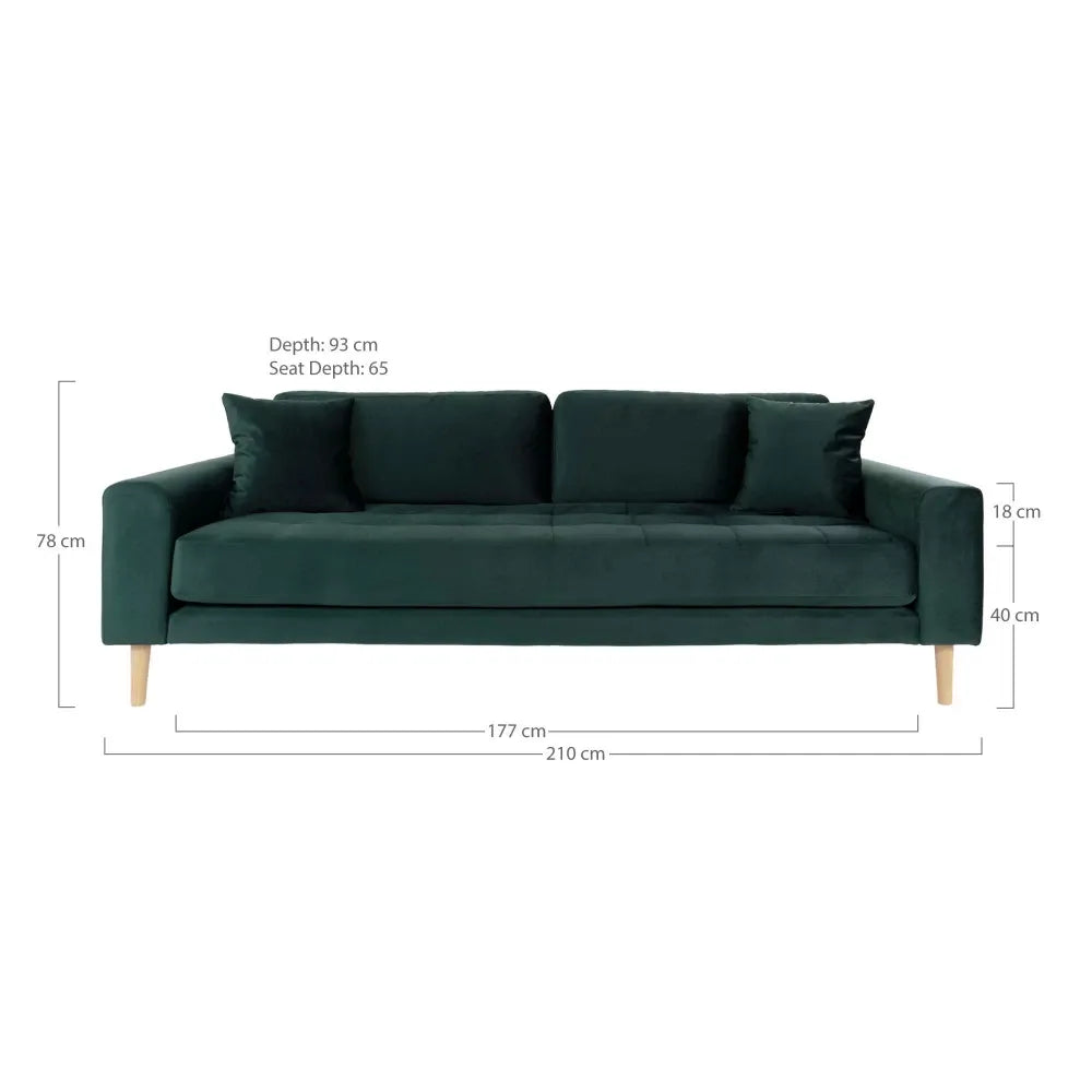 Canapea de 3 locuri cu picioare din lemn de fag maro tapitata cu Catifea Verde L210xH76cm Lido