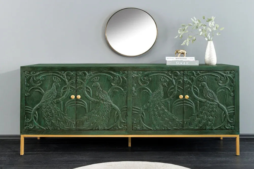 Comoda din Lemn de mango Verde si Metal Auriu L175xH76cm PEACOCK