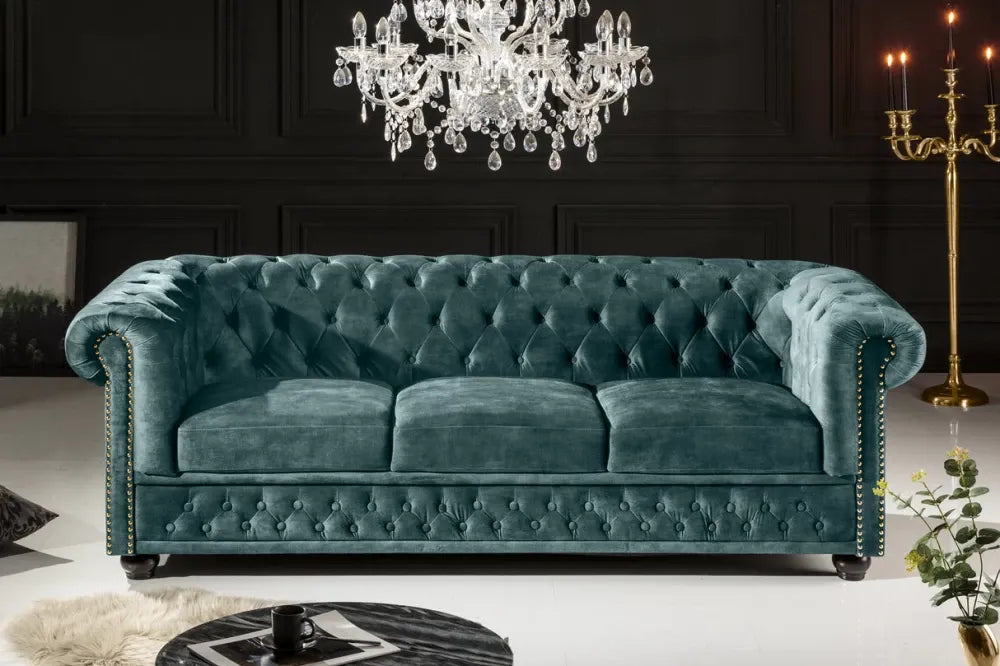 Canapea 3 locuri tapitat cu Catifea Turcoaz L205cm Chesterfield