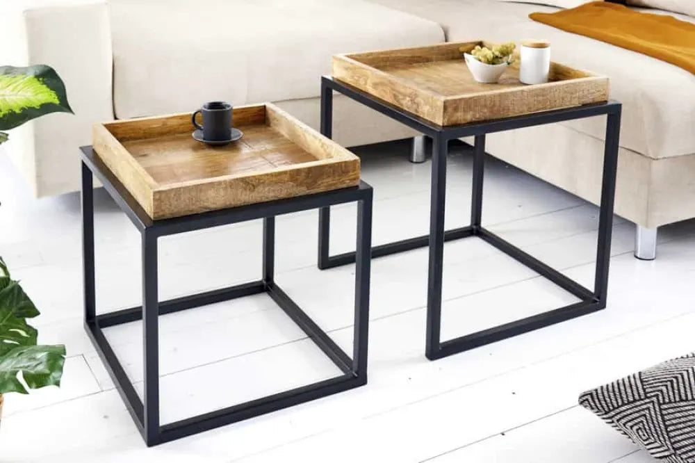 Set 2 masute laterale din Lemn de mango Maro si Metal Negru L42/45xH42/50cm Serviteur