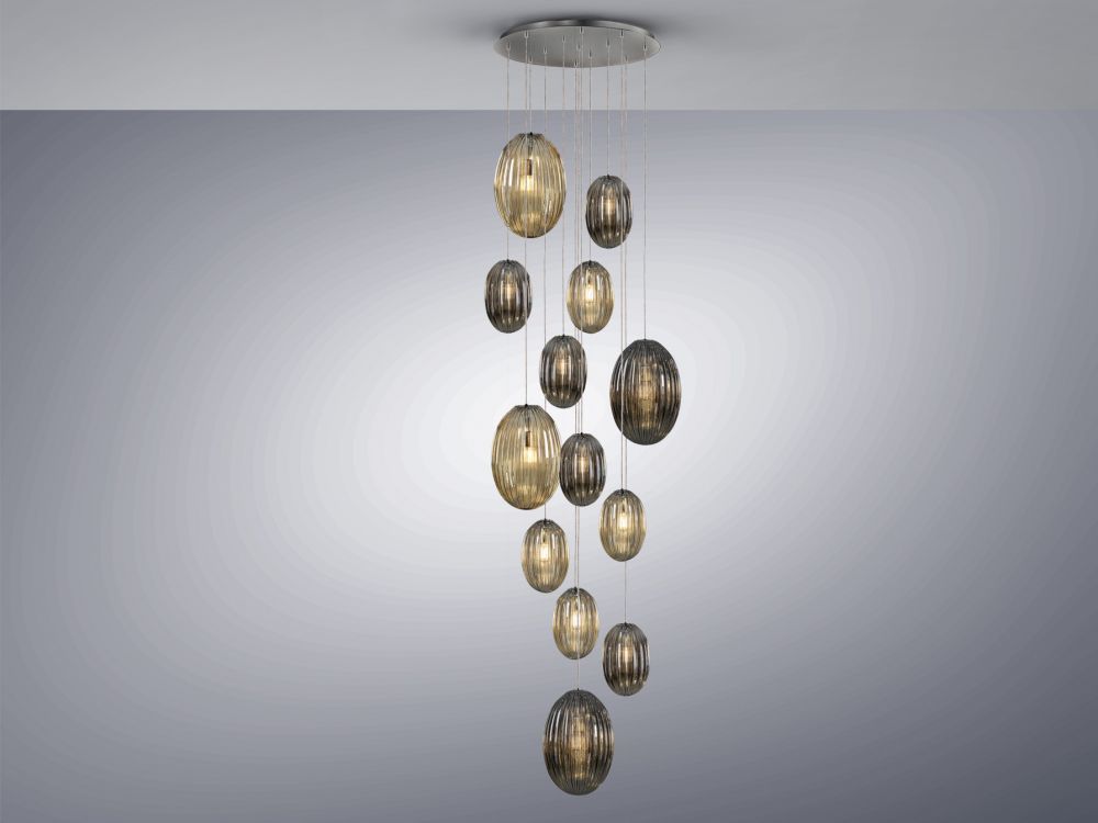 Lustra rotunda cu inaltime reglabila din Sticla Gri cu 13 becuri D96xH350cm Ovila