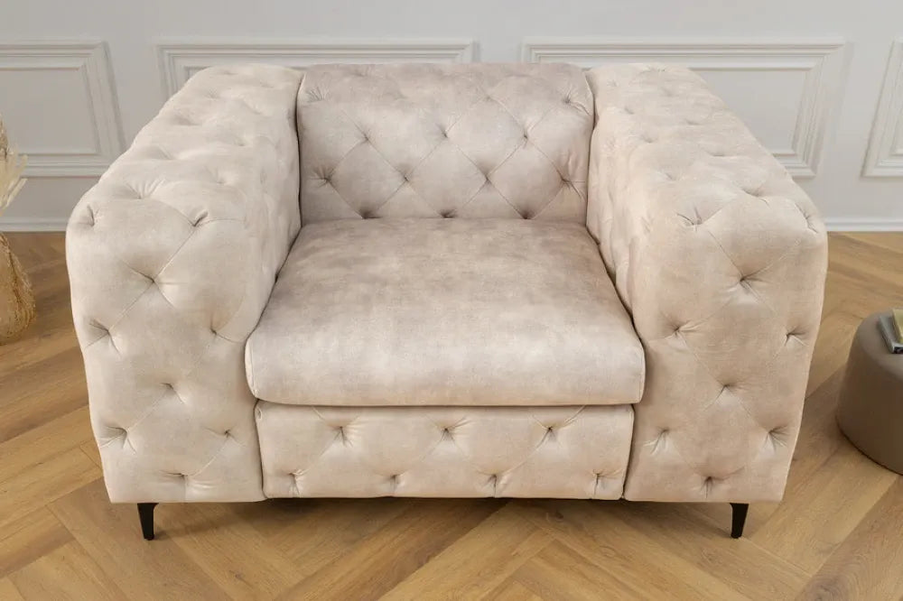 Fotoliu tapitat cu Catifea Bej sampanie si picioare din Metal Negru H70xL120xA100cm MODERN BAROCK