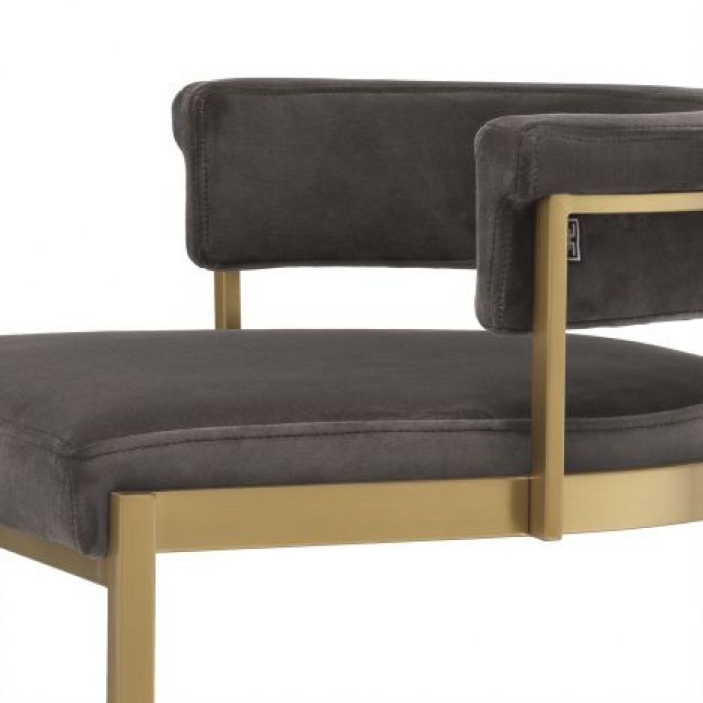 Scaun de insula tapitat cu Catifea Gri cu picioare din Metal Auriu H81xL49xA47cm Dante
