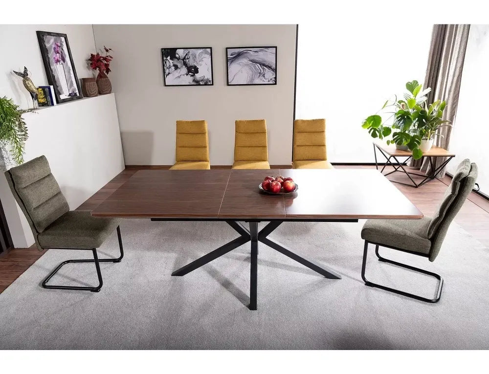 Masa extensibila din MDF+Furnir Maro nuc si Metal Negru L160-200xH75cm Logan
