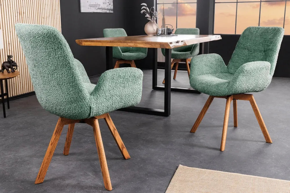 Set 2 scaune rotative tapitat cu Stofa boucle Verde mint si picioare din Lemn de stejar Maro H85xL61xA63cm BALTIC