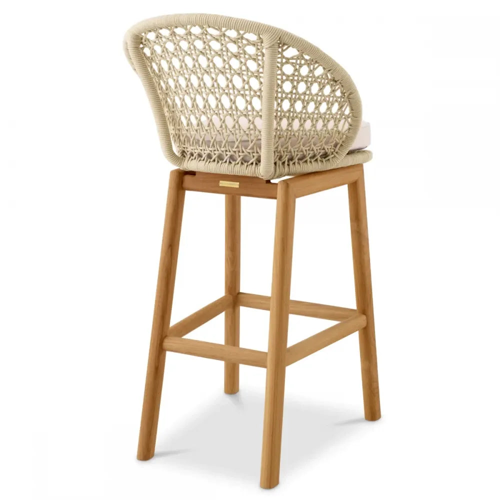 Scaun de bar pentru exterior din Lemn de tec Maro si Stofa Alb H103xL53xA46cm Trinity Eichholtz