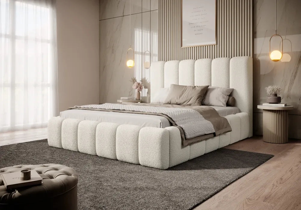 Pat 160 x 200 tapitat cu Stofa boucle Abriamo Alb Arden