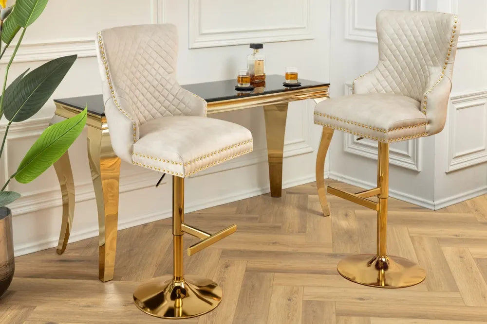 Set 2 scaune de bar din Otel inoxidabil Auriu si Catifea Bej H108-130xL50cm Castle