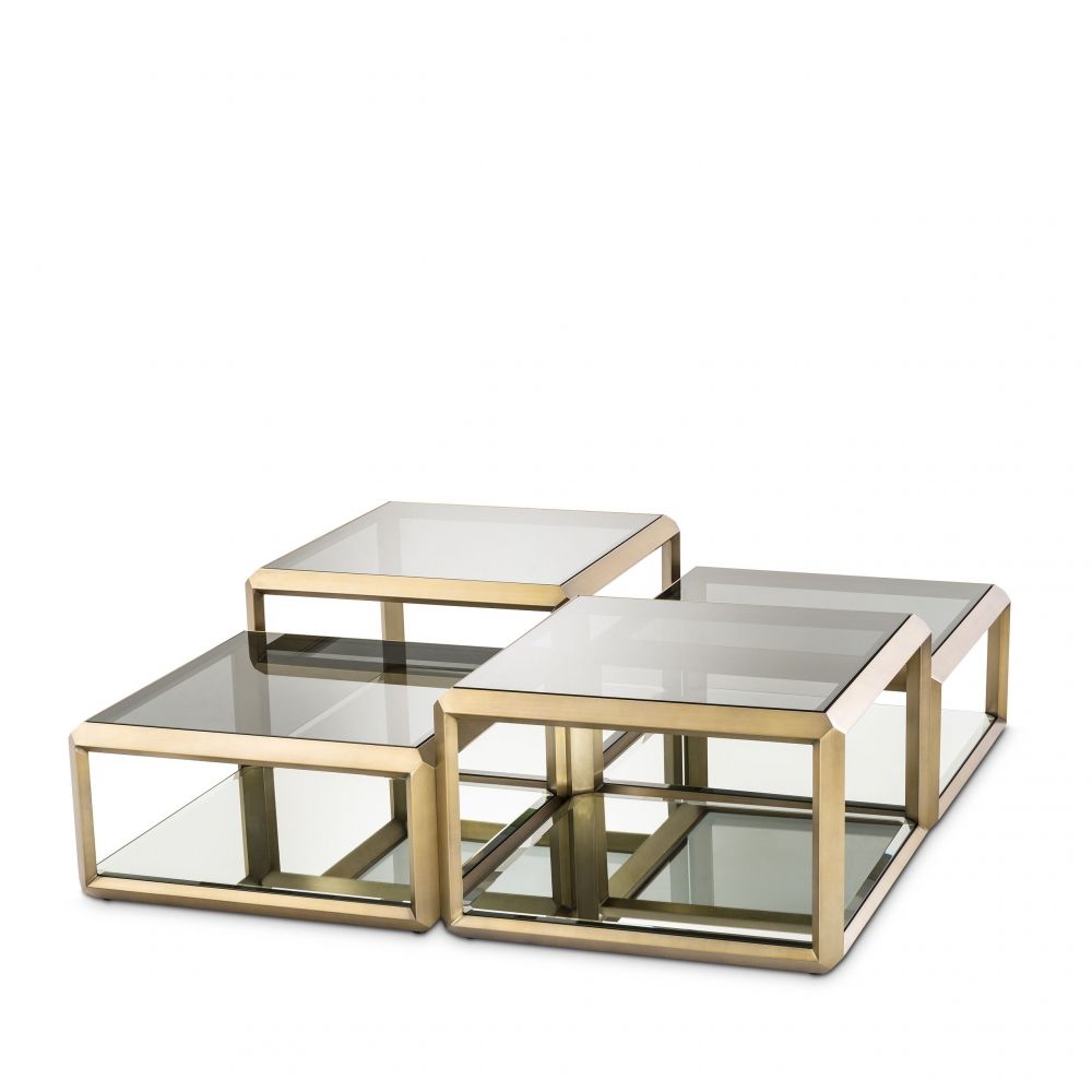 Set 4 masute de cafea Patrate din Otel inoxidabil si Sticla Auriu/Transparent L75xH36/48cm Callum