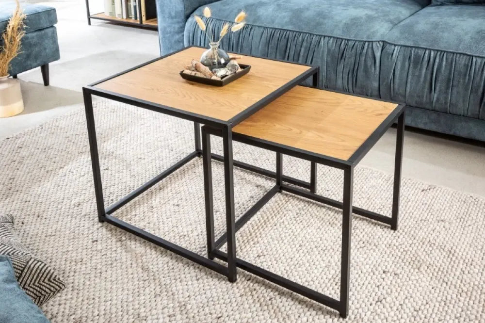 Set 2 masute laterale Patrate din Lemn stratificat Maro si Metal Negru L40/50xH40/45cm Slim